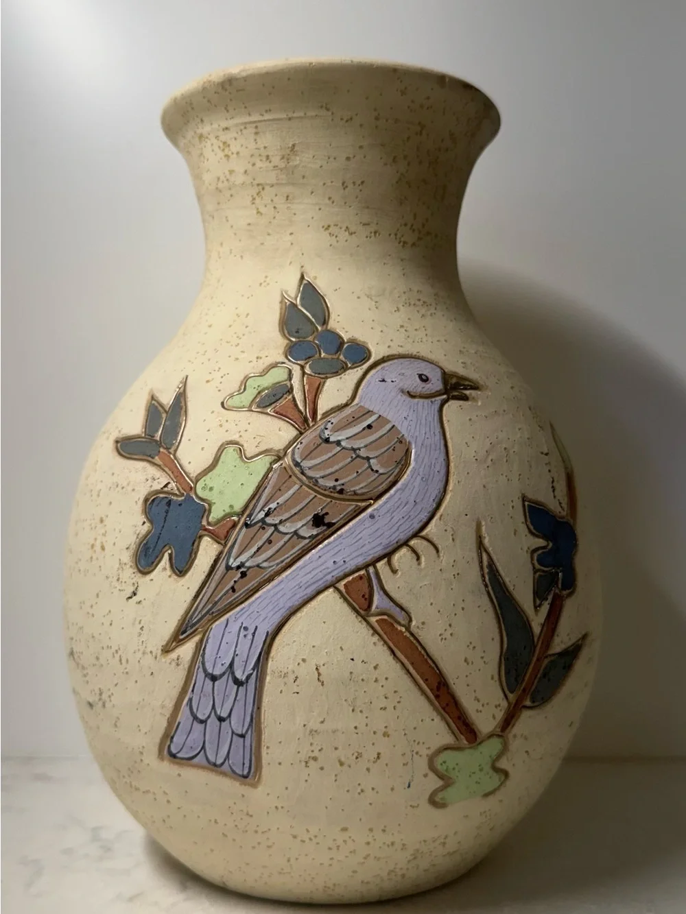 Vintage Gardiel Tonalá Mexican Folk Art Pottery Vase Signed  Purple Bird Design